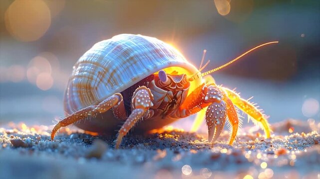 A hermit crab emerges from shell on sandy shore with sunlight highlighting its features