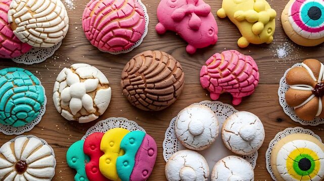 Mexican sweet bread (Conchas) array: A delightful assortment of colorful and intricately designed conchas, a traditional Mexican sweet bread, arranged artistically.