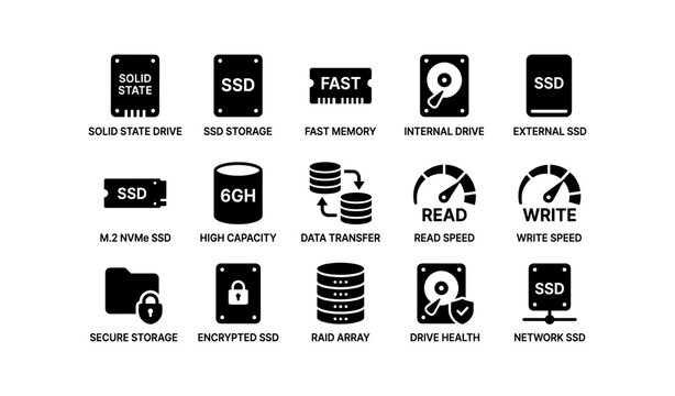 Icons representing ssd technology and features for storage solutions
