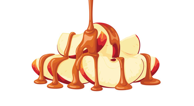A neatly arranged pile of red apple slices is generously coated with a thick stream of golden-brown caramel sauce, creating luscious drips.