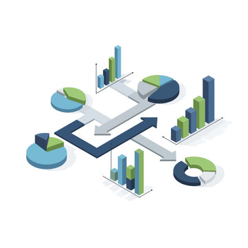Isometric illustration of business analytics with charts, graphs, and arrows showing data flow and trends.
