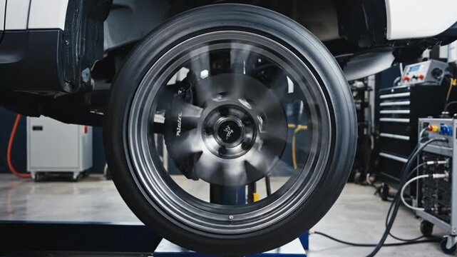 Spinning Car Wheel on Balancing Machine in Automotive Garage for Tire Service, Repair and Alignment
