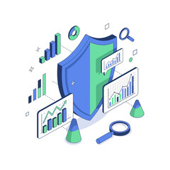 Naklejka premium Isometric illustration of a shield with charts and magnifying glasses, symbolizing data security and analysis.