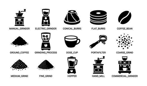 Coffee grinding tools and equipment icons set with grinder types and coffee processes
