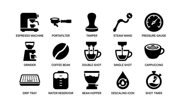 Coffee machine icons: espresso tools and features overview