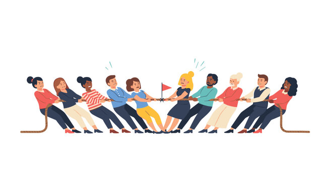 A diverse group of twelve cartoon-style individuals, six on each side, are engaged in a strenuous tug-of-war contest on a white background.