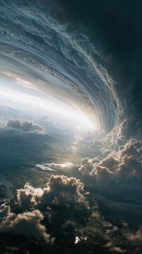 Dramatic swirling cloud vortex with sunlight breaking through sky