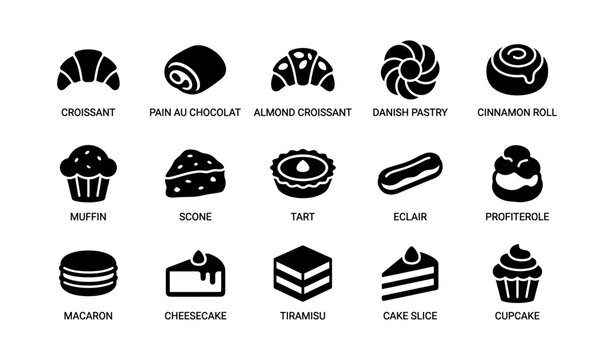 Assorted bakery icons: croissant, danish pastry, muffin, macaron, cupcake