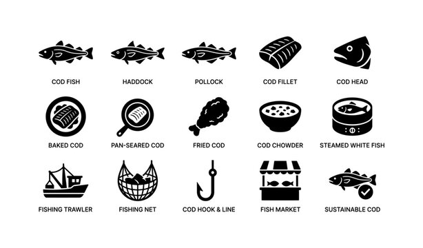 Cod varieties and fishing methods: haddock, pollock, fillet, fish market, sustainable practices