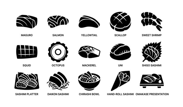 Sushi icons collection: nigiri, sashimi, and bowl varieties