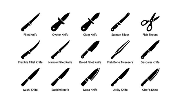 Various types of knives and tools for seafood preparation