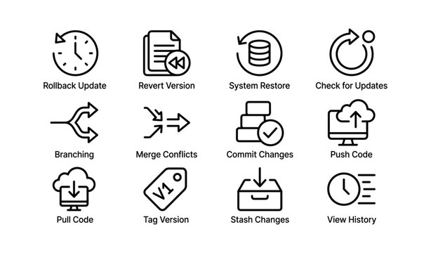 Software development icons: code management and version control symbols