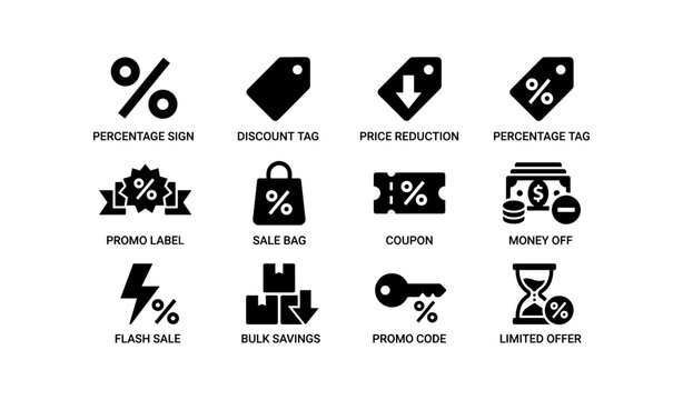 Discount icons collection: percentage, tags, sale, coupon