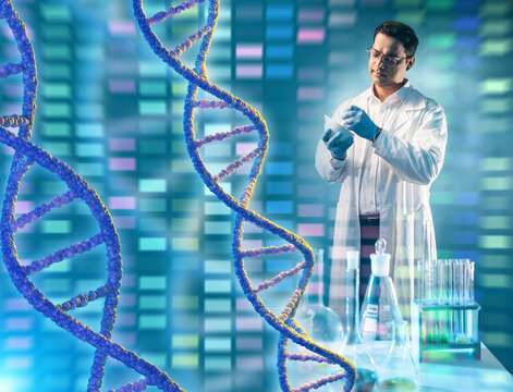 Biotechnology laboratory, genetic research. Scientist in lab coat analyzes samples while DNA helix visualization represents genome sequencing and molecular studies.