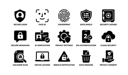 Comprehensive digital security icons featuring biometrics and privacy tools