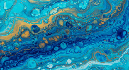 A vibrant abstract fluid art piece featuring intricate swirls of rich blues, shimmering gold, and crisp white, showcasing mesmerizing cells and organic patterns reminiscent of ocean depths.