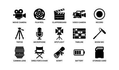 Fototapeta premium Film and video production equipment icons set with camera, microphone, tripod, and clapperboard