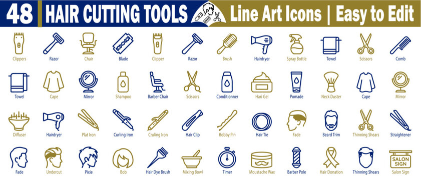 Professional hair salon line art icons. Featuring flat iron, curling iron, hair dye, brush, mixing bowl, and barber pole symbols for hairdressing and beauty services vector illustration.