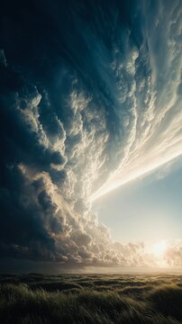 Dramatic storm clouds over landscape with sunlight breaking through sky