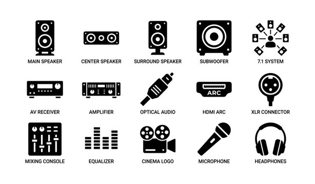 Audio system components: speakers, amplifiers, connectors, and headphones icons