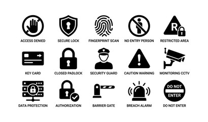 Naklejka na ściany i meble Security icons: access denied, fingerprint scan, cctv, lock, warning symbols