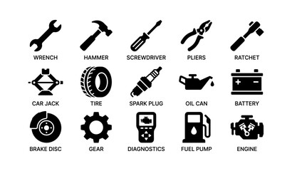 Fototapeta premium Essential automotive tools and parts icons set in black silhouettes