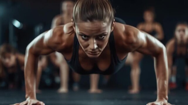 Athletic Woman Performing Push Ups in Intense Workout Session