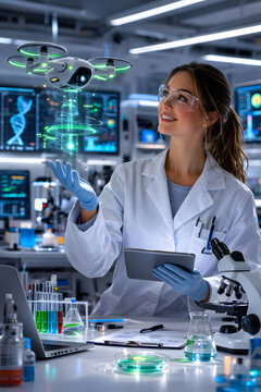 Female scientist working with a futuristic drone in a high tech laboratory