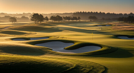 Fototapeta premium Golden sunrise illuminates a misty golf course with rolling hills and sand traps