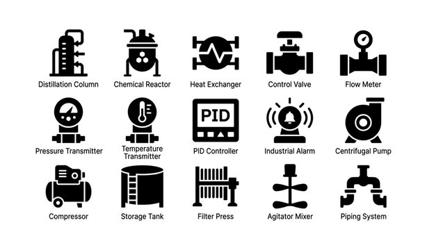 Industrial equipment icons: distillation, reactor, exchanger, valve, pump, controller