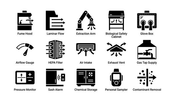 Safety equipment icons: fume hood, extraction arm, hepa filter, chemical storage