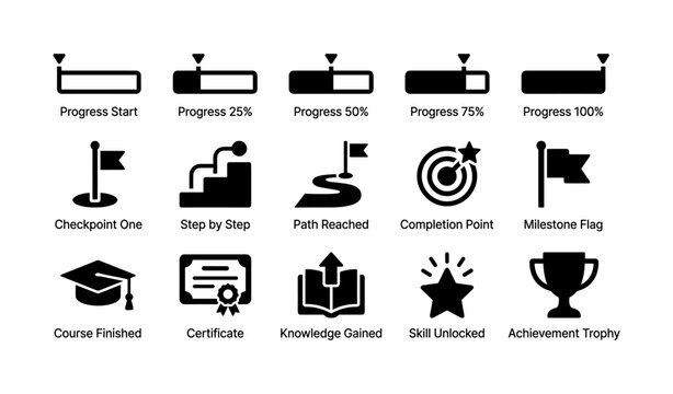 Progress and achievement icons with milestone flags and completion symbols