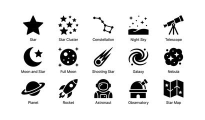 Obraz premium Space icons: stars, planets, telescope, rocket, astronaut, galaxy, constellation
