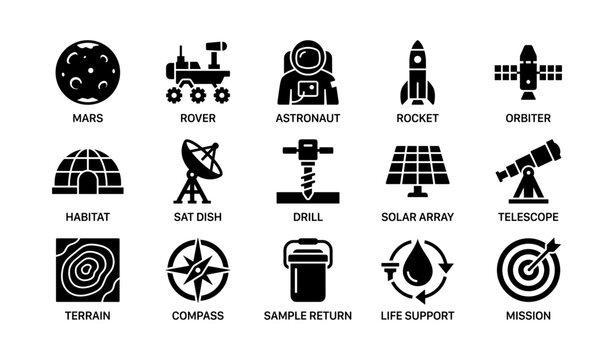 Mars exploration icons: astronaut, rocket, rover, satellite, habitat, telescope