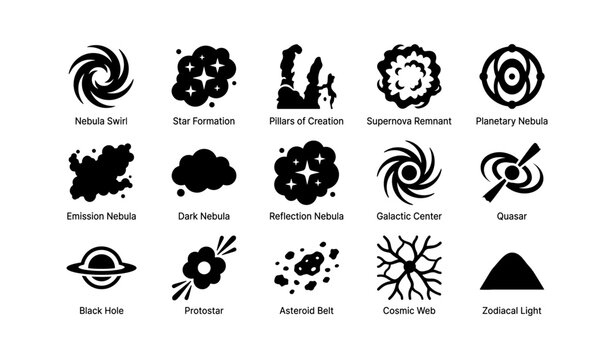 Collection of cosmic phenomena icons: nebula, black hole, quasar, asteroid belt, cosmic web