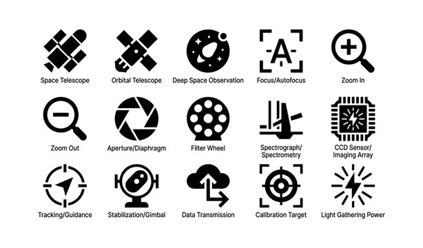 Astronomy icons: telescope, space, observation, focus, sensor, transmission