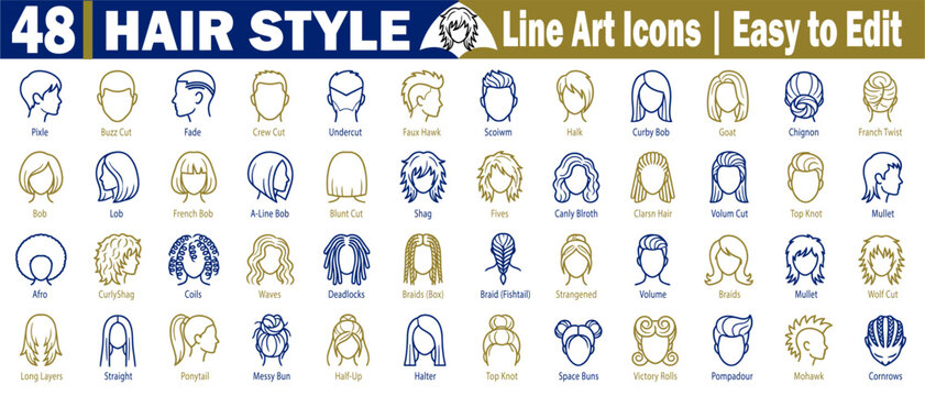 Hair style line art icons. Collection for beauty salons and the fashion industry, including various trendy haircuts and hairstyles for men and women, vector illustration.