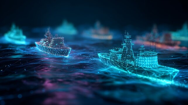 blockchain vessel tracking system, glowing ship IDs moving across digital ocean map, futuristic maritime monitoring network