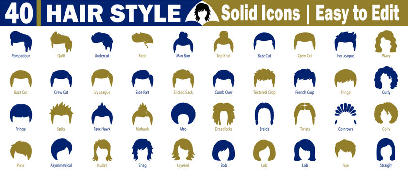 Hair style solid icons. Collection for men and women, including pompadour quiff undercut fade man bun top knot buzz cut crew cut ivy league wavy curly hair types vector illustration.