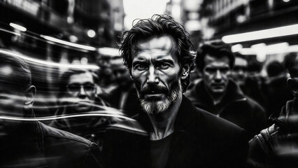 Fototapeta premium A man stares intensely amidst blurred city lights. He appears weathered, with a grizzled beard and dark eyes. Motion blurs the background.