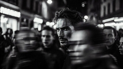 A man stares intensely through a blurred crowd at night. He appears focused, shadowed, and defiant.