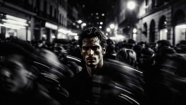 A man stands isolated amidst a blurred, nighttime crowd. He stares intently, conveying a sense of detachment.