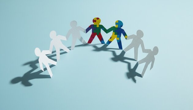 autism, neurodiversity, inclusion, awareness, diversity, community, support showcasing a chain of paper people holding hands with puzzle patterns for neurodivergent awareness concept