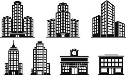 City Buildings Icon Set, Modern Skyscraper and Commercial Storefront Vector Illustration, Urban Architecture Collection for Real Estate, Business and Downtown Design © MdFaruk