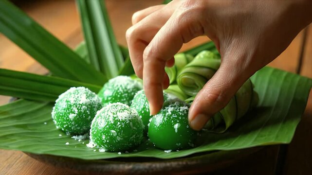 Hand Arranging Sweet Green Coconut Balls Rolled in Pandan Leaves on Banana Leaf Plate with Wooden Table Background