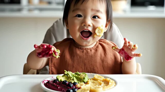 Happy Asian baby exploring and eating messy healthy fruits and avocado in a high chair for baby-led weaning concept and playful childhood