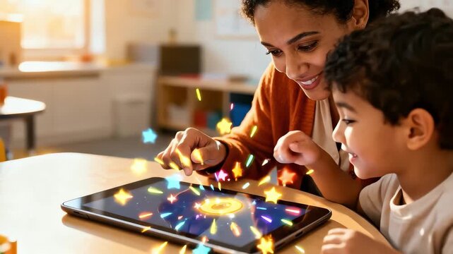 African American teacher and young child learning with a tablet in a sunny classroom for early childhood education concept and digital literacy