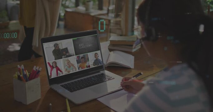 Student writing notes in class after corner tile showing ANY QUESTIONS prompt, teal overlays moving