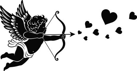 Naklejka premium Black Silhouette of a Cute Cupid Cherub Aiming Bow ad on Whit Day and Romantic WSilhouetteckground for Valentine's Day and Romantic Wedding Design