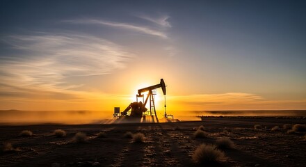 Naklejka premium Oil Pump in Open Field at Sunset with Cloudy Sky and Silhouetted Landscape